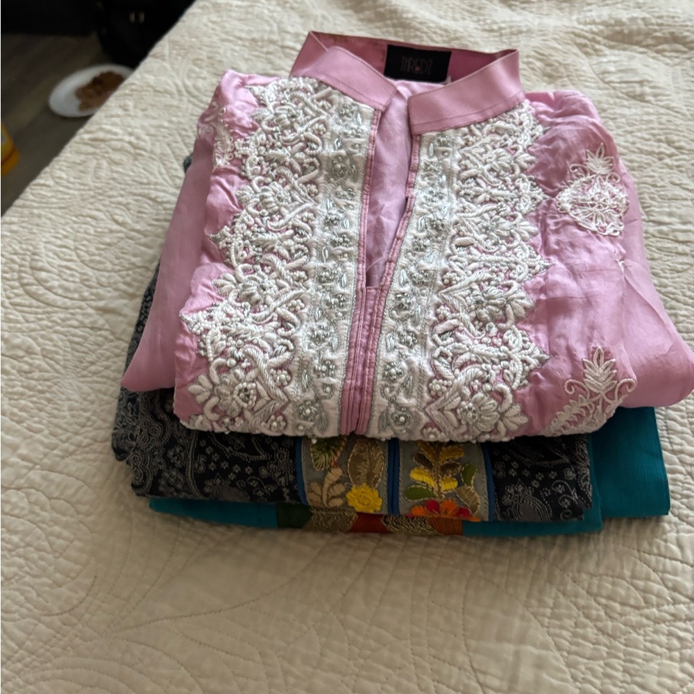 Bundle of 3 kurti tops medium Floral Embroidered Gray Kurta, blue and pink
